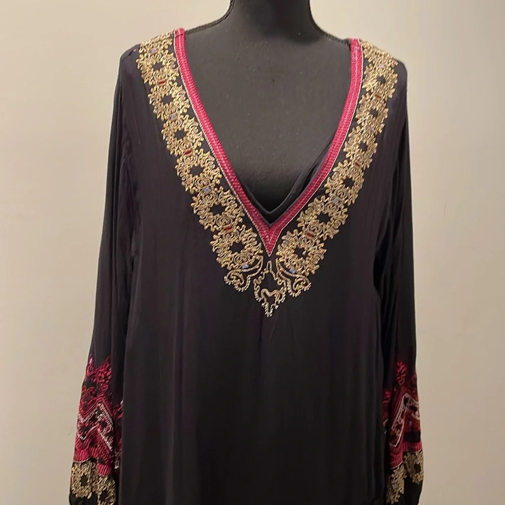 Free People Wild One Peasant Mini Dress SizeS Black Gold Embroidered Drop Waist - Picture 11 of 16